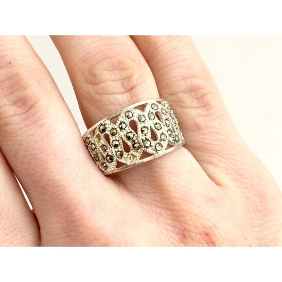 Art Deco Marcasite Sterling Silver Eternal Wave Shaped Vintage Ring - sz 7.5 - Picture 9 of 10